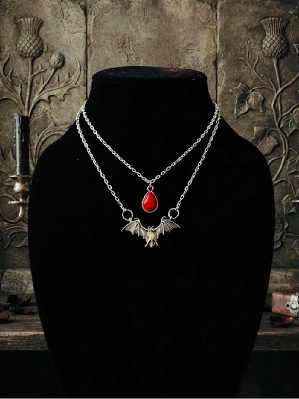 Hand Crafted Silver Bat Pendant Necklace with Red Gemstone